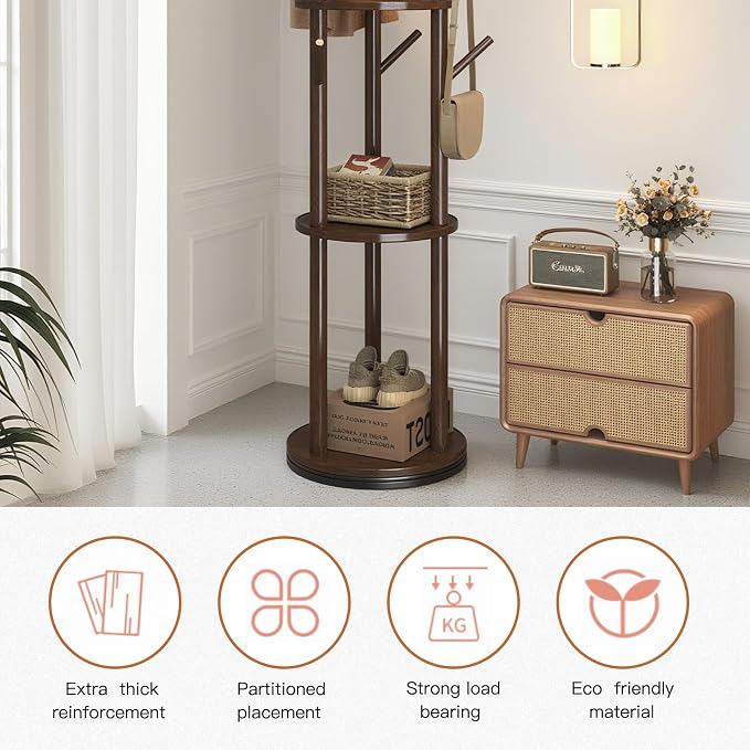 Wooden Freestanding Coat Rack with 9 Hooks&3 Rotating Storage Trays,Free Standing Coat Rack Tree with Rotatable Design,Coat Tree Freestanding for Hanging Clothes,Clothing Rack for Entryway Bedroom