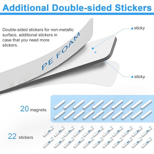Rare Earth Neodymium Magnets with Double Sided Adhesive, 60x10x3 mm, 20pcs | Heavy Duty Strong Magnets, Rectangular Bar Magnets Strip for Fridge Kitchen Garage Office Science Craft, Silver
