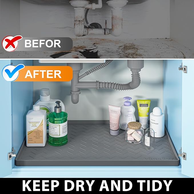 TigeJoy Under Sink Mats for Kitchen Waterproof 28" x 19", Cabinet Liner | Leak-Proof Silicone Mat Sink Protector, Kitchen Essentials Organizer and Storage,Boot or Shoe Tray, Pet Feeding Mat