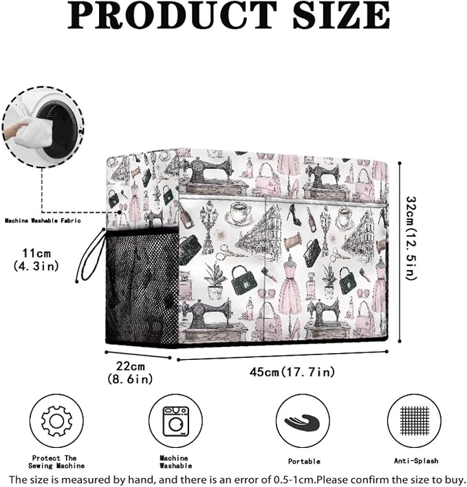 Vintage Sewing Element Sewing Machine Cover with Storage Pockets,Dust & Pet Hair Protection,Fits Standard Singer, Brother and Janome Machines Gifts