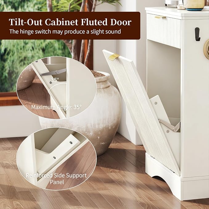 Dog Feeding Station with Storage Cabinet & 2 Elevated Bowls,Hooks,White | Flip-top Sealed Food Bin.Pull-out Bowl Drawer with Wheels.Side Hooks for Leashes + Internal Shelf for Cans.For Dogs/Cats.
