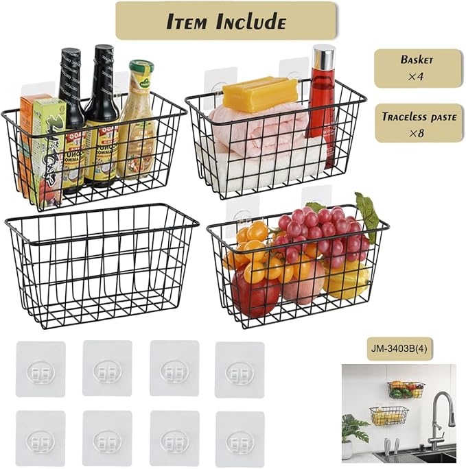 JUNCHU CHERRY 4 Pack Hanging Sorage Basket, Bathroom Basket, Household Goods, with Traceless Tape, no Drilling, for Cabinet Storage, Kitchen, Bathroom, Storage Room,Black