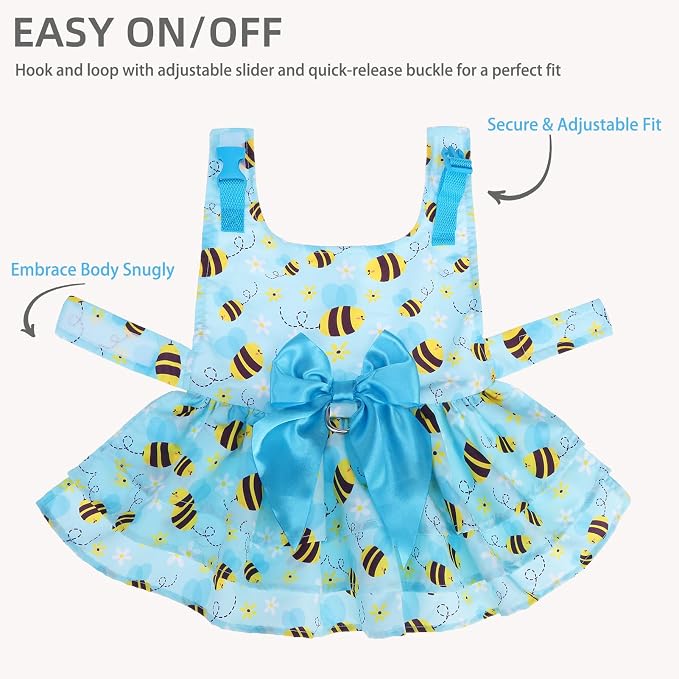PUPTECK Summer Dog Dress with Bow and Leash Ring, Blue Yellow Bee XS | Cute Adorable Breathable Mesh Dog Clothes for Small Medium Dogs Puppy Cats, Pet Outfit Apparel for Birthday Party