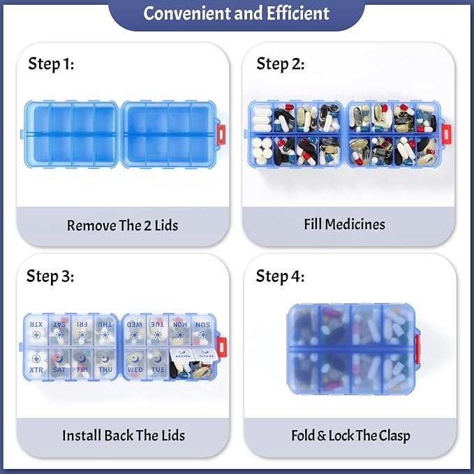 Foldable Weekly Pill Organizer 2 Times a Day with 2 Extra Compartments - Etched Labels - Portable 7 Day AM PM Medicine Box, Week Daily Travel Pill Case Holder for Meds, Vitamin, Supplement -Clear Blue