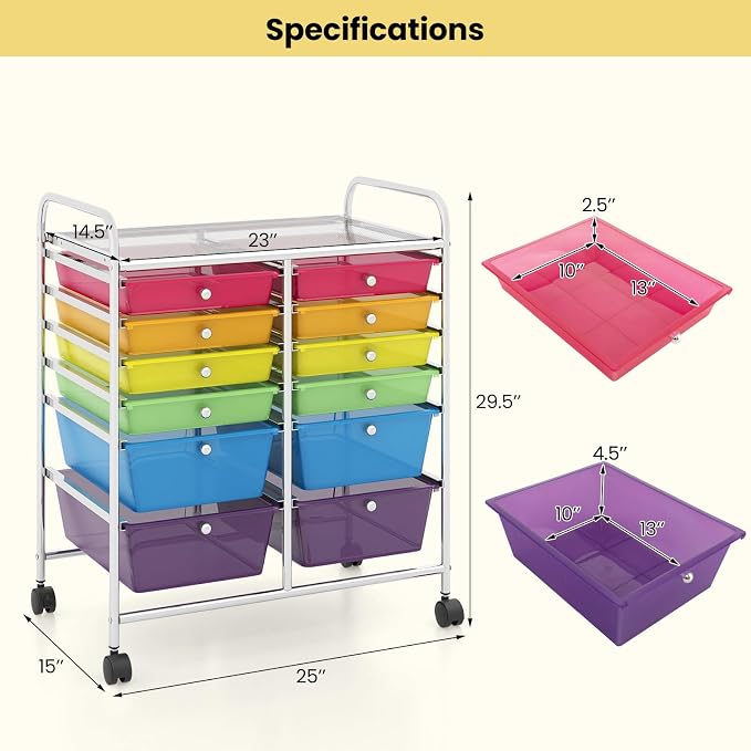 12 Drawer Rolling Storage Cart, Art Cart Organizer on Wheels, Mobile Utility Cart with Drawers, Multipurpose Craft Drawers for Home Office School Classroom (Rainbow)