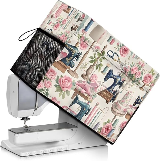 Elegant Sewing Element Sewing Machine Cover,Protective Cover with Side Handle and Sewing Essentials Pockets,Dust & Pet Hair Protection,Fits Standard Singer & Brother Machine