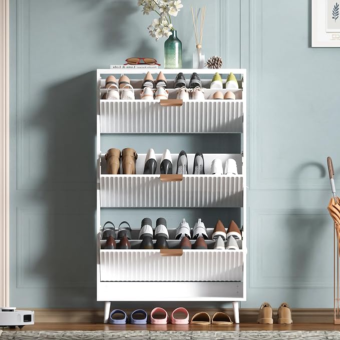 Shoe Cabinet Storage,Modern Freestanding Organizer with 3 Flip Drawers,Narrow Shoe Rack Cabinet for Entryway,White