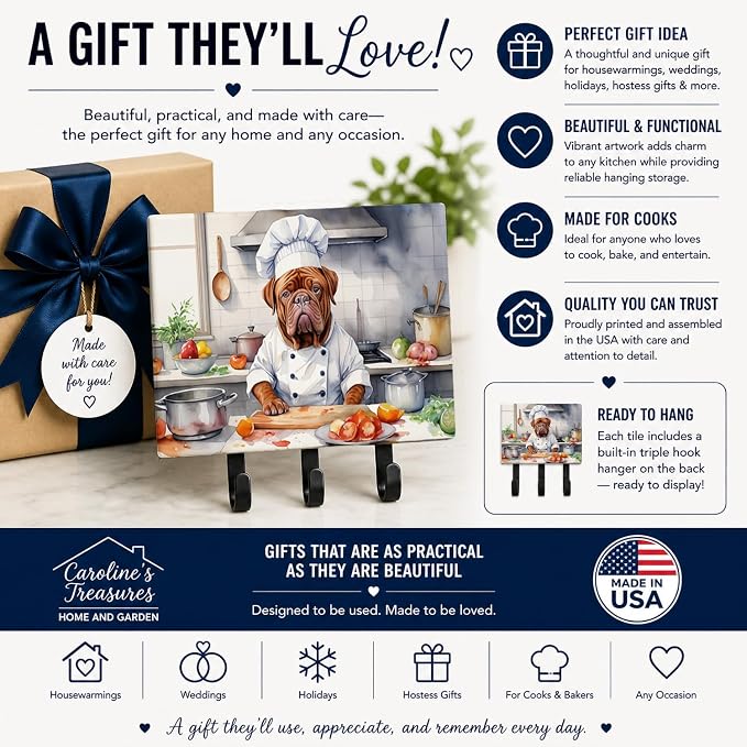 Caroline's Treasures Dogue de Bordeaux The Chef Leash or Key Holder Wall Hooks, Key Hooks Holder, Coat Rack Wall Mount, Coat Hooks, Hooks for Hanging Keys, Towels, Aprons, Leashes | Dogue de Bordeaux The Chef artwork on ceramic tile with three steel ho...
