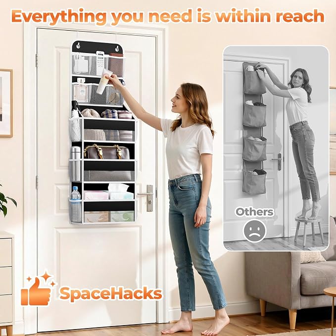 SpaceHacks 5-Tier Over the Door Organizer with Mesh Pockets, Baby Nursery Storage for Closet, Bathroom and Bedroom, Adjustable Hanging Closet Organizer for Cosmetics, Books and Essentials (Black)