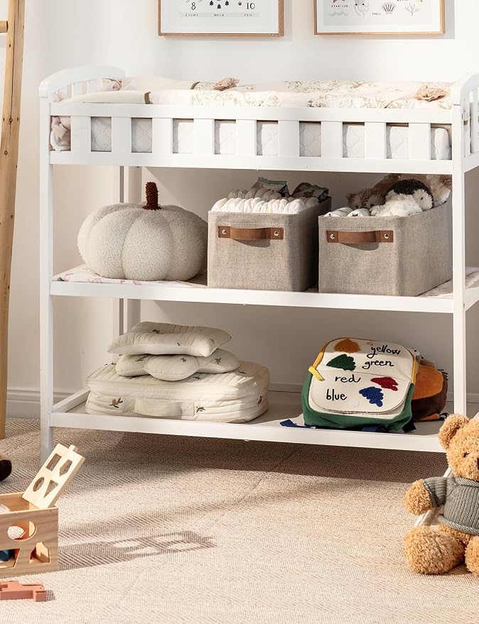 StorageWorks Narrow Storage Bins, Long Baskets, Brown and Beige, 2-Pack | With Metal Frame, Sturdy Structure, PU Handles, Toilet Paper Storage, Small Storage Bins, For Bathroom, Closet, Shelf