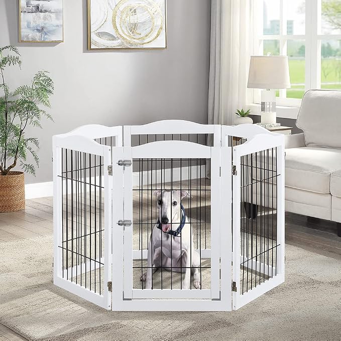beeNbkks Extra Wide Pet Gate, 6-Panel Freestanding Dog Barrier with Door | Heavy-Duty Wooden Indoor Playpen with Metal Bars and 5 Support Feet, Secures Doorways Stairs Fireplaces or Large Openings