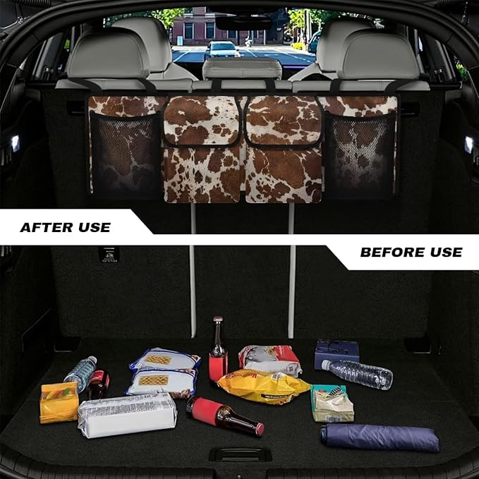 Car Trunk Organizer Brown Cow Print Car Accessories Back of Seat Organizer with Adjustable Straps, Easy to Install
