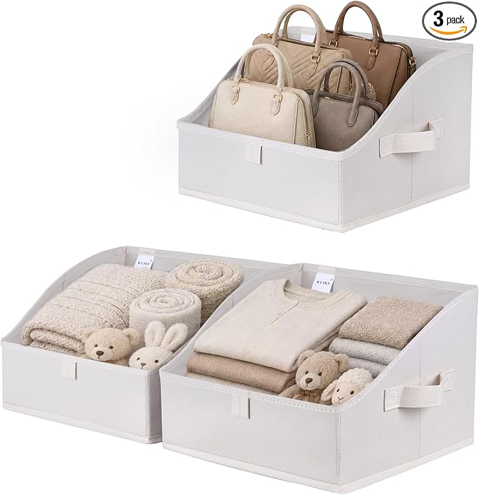 WUIKE 3 Pack Large Closet Storage Bins, Trapezoid Basket, White & Beige | Fabric Storage Baskets with Handles, Purse Organizer for Closet, for Clothes, Sheets, Blankets and Shelves