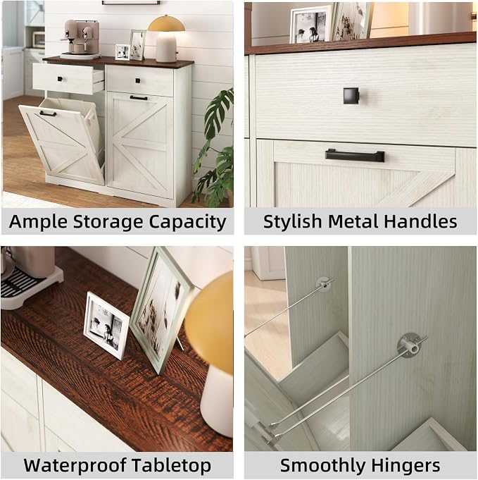 Double Tilt Out Trash Can Cabinet for 20 Gallon,Hidden Dual Laundry Cabinets with 2 Drawers & 2 Baskets, Barn Door Style Garbage Cabinet for Kitchen