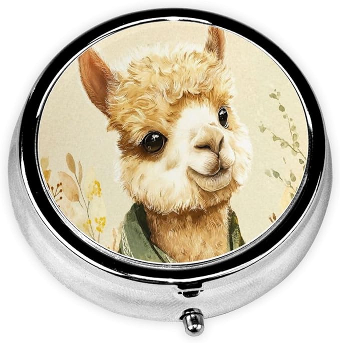 Cute Alpaca Plant Green Portable Pill Organizer | 3 Compartment, With Mirror, For Men Women, For Daily Supplements, Vitamins, Fish Oil, Jewelry, Candy, Travel