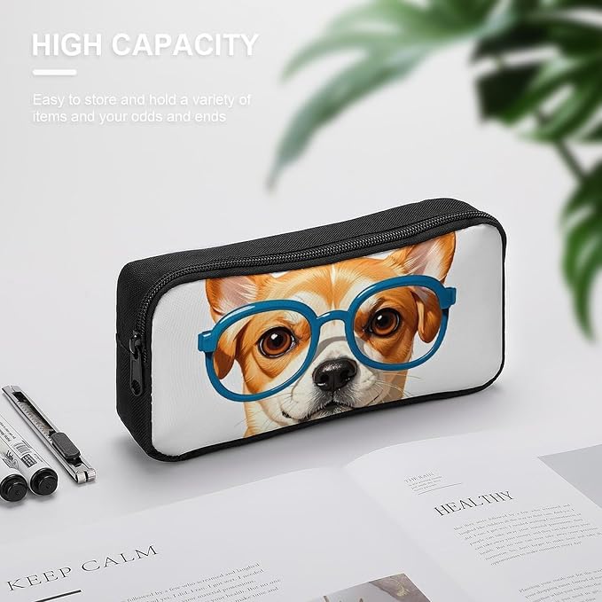 Pet Dog Soft Bow Tie, Oversized Glasses Large Capacity Pencil Case with Double Zipper - Aesthetic Stationery Pen Organizer Pouch, Portable Storage Bag for Office Supplies, Travel & Cosmetics