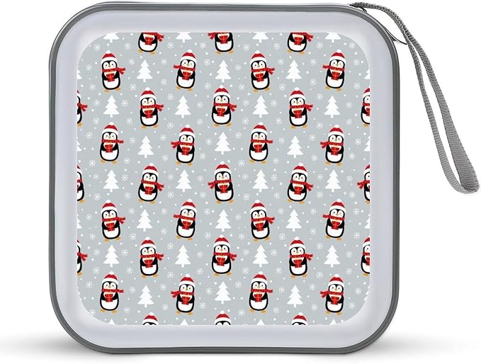 Portable 40 Capacity CD Case Christmas Penguins DVD Wallet Storage Binder | Movie Music Game Disc Collection Organizer Bag, Christmas Penguins, Hand Strap, Zipper Closure