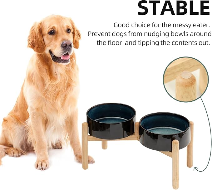 Havniva Ceramic Dog Bowls Elevated, Raised Dog Food Bowl for Large Dogs | 8.3” Elevated Dog Bowls, Non-Slip Wood Stand, Dog Food and Water Bowl Set, Dog Feeding Dish, Large Capacity Pet Water Bowl