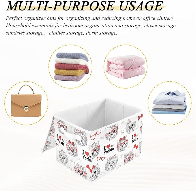 Dog Bow Fabric Storage Bins with Lid Foldable Storage Boxes 40L Baskets | Decorative Storage Boxes, Dust-Proof Flip Top, Reinforced Handles, For Home & Bedroom, Clothes & Toy Box, Oxford Fabric Print