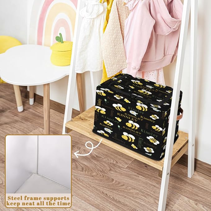 Custom Name Storage Bin with Lid Zipper, Personalized Black Rectangular Storage Basket for Organizing Boys Girls Toys Office Closet Shelf Baskets, Yellow Color Bee with Daisy