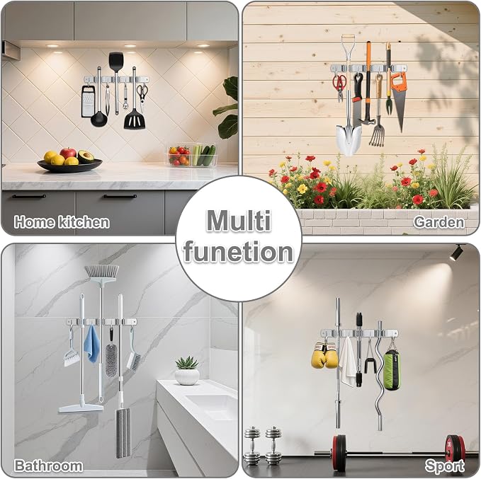 HANZENMA Broom Holder Wall Mount, Broom Organizer Wall Mount Stainless Steel Broom and Mop Hanger Heavy Duty Storage Organization for Home Kitchen Garden Garage Room 3 Racks 4 Hooks Grey