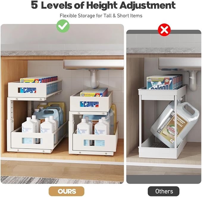 2 Packs 19IN Depth Under Sink Organizer, 2-Tier Pull Out Cabinet Organizer With Smooth Circular Rail, Large Capacity Metal Mesh Sliding Drawers For Bathroom& Kitchen Storage,Height Adjustable –White