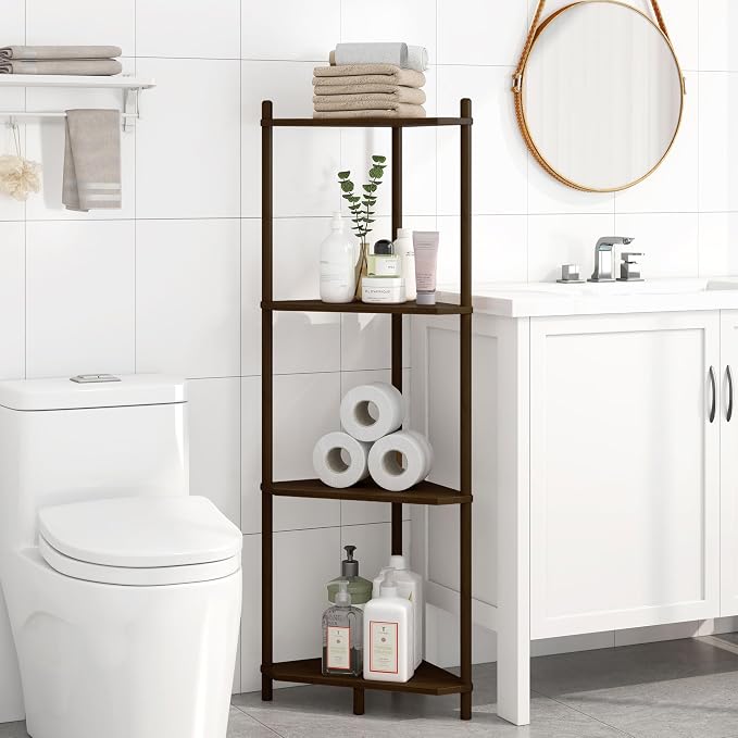 Wisuce Brown Small Corner Shelf Stand, 4-Tier Bamboo Corner Bookshelf | Space-Saving Narrow Corner Shelf | Bathroom Corner Shelf | Shelves for Bedroom, Living Room, Kitchen & Plant Display