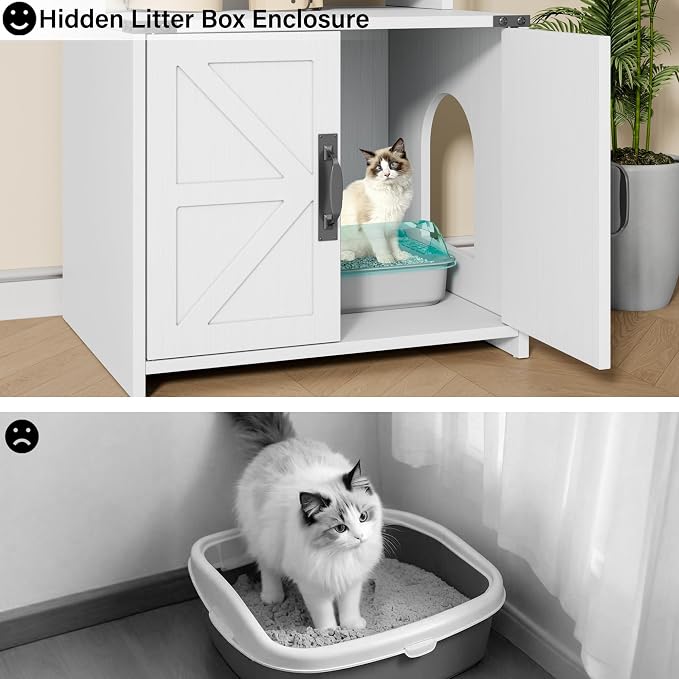 Saudism Cat Litter Box Enclosure with Feeding Station, Tall Cat Litter Box Furniture Hidden with 4-Tier Storage Shelves, Farmhouse Cat LitterBox Cabinet with Barn Door for Living Room, Bedroom, White