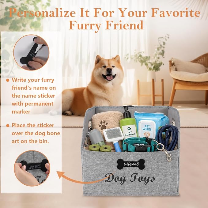 Big Dog Toys Storage Bins Canvas Foldable Fabric Trapezoid with metal handles pet Baskets,Can be Personalized,Storage Bin Large toy box Organizer-Snow Gray