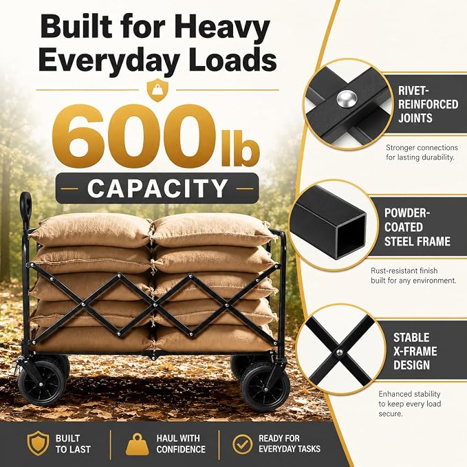 Wagons Carts Foldable Heavy Duty, 600 lb Tank Wheel Wagon with Brakes | Tank wheel utility wagon for groceries, beach, camping, garden and moving; 220L storage, all-terrain wheels and dual brakes
