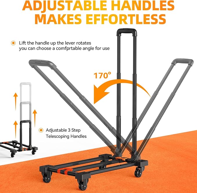 Folding Hand Truck Collapsible Crate Set, No Assembly Required 2 in 1 Utility Portable Rolling Crate Handcart with 4 Big Wheels & 2 Elastic Ropes & Removable Storage Crates (2.76 inches brakes wheels)