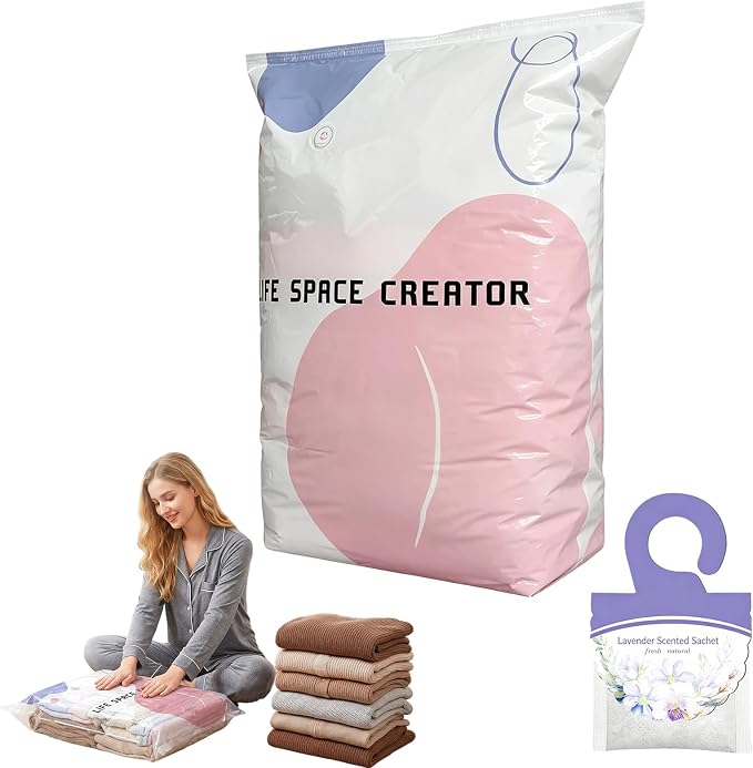 Large Capacity Vacuum Bags No Pump Needed, No Pump Large Vacuum Storage Compression Bags, Reusable No-Pump 3D Vacuum Storage Bags for Jumbo Clothes Bedding, Comforters, Off‑Season Gear (L-1PC)