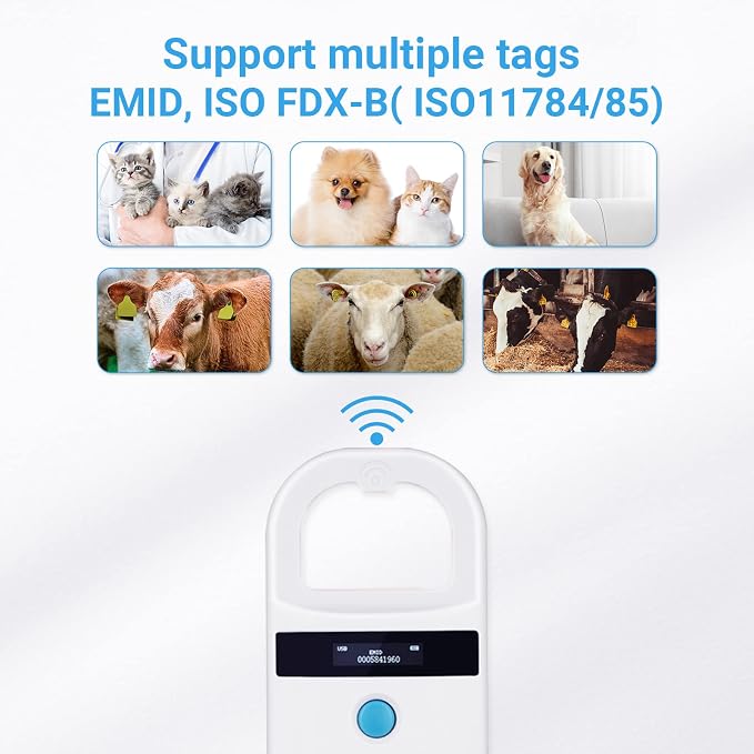 Tera Pet Microchip Reader Scanner with D-Ring RFID Portable Animal Chip ID Scanner with OLED Display Screen Rechargeable Data Storage Tag Scanner EMID FDX-B(ISO11784/85) for Dog Cat Animal Management