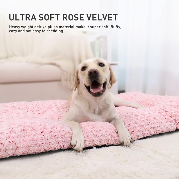 KSIIA Washable Dog Bed Medium Size Dog Crate Bed Plush Pet Mat 35"x23" Pink | Deluxe Plush Comfy Kennel Pad, Anti-Slip Bottom,Deep Sleeping Mat for Medium Dogs,Machine Washable for Easy Cleaning