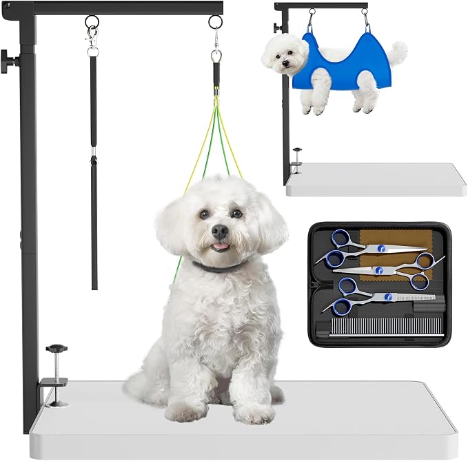 Foldable Dog Grooming Arm with Clamp - Adjustable Grooming Table Arm with No-Sit Holder & Hammock, Includes Pet Grooming Scissors & Comb Set | for Small Medium Dogs | Home Use & Professional Salon