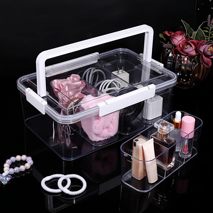 Large Cable Storage Box with Lid Clear Power Cords Organizer 4 Adjustable Dividers Case Desktop Cable Management Box for Home Office Phone Charger Art Crafts Stationery (White)