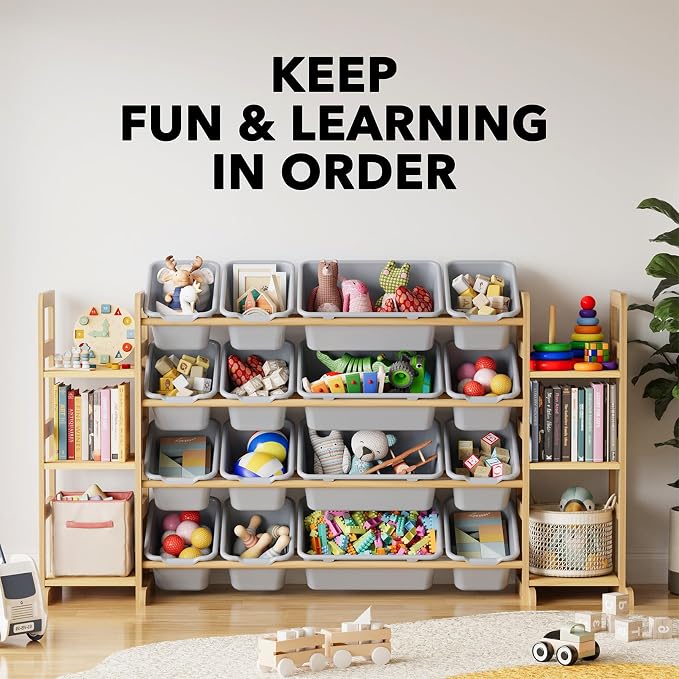 SpaceAid Toy Storage Organizer with 6 Shelves and 16 Bins, Toy Organizers Storage Bookshelf, Kids Bin Shelf Toys Box Bookcase for Bedroom Playroom Organization Room Decor, Neutral Gray