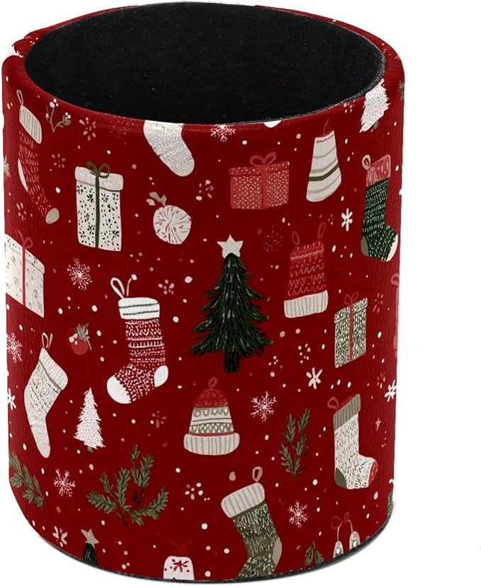 Faux Leather Pen Holder for Desk, Pencil Organizer Christmas Elements Pen Cup Desk Decor Makeup Brush Holder Storage for Office Home