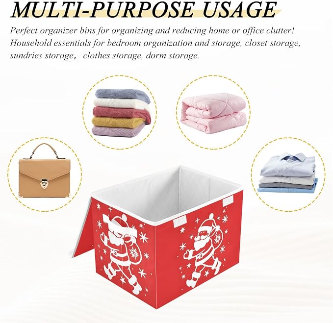 Santa Claus Fabric Storage Bins with Lid Foldable Storage Boxes 40L Baskets | Decorative Storage Boxes, 300D Oxford Cloth, Hollow Board Frame, Flip Top Velcro Lid, 16.5x12.6x11.8 inch, Collapsible Design