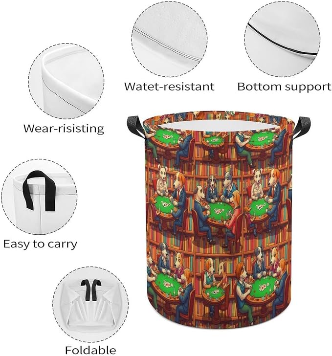 Foldable Laundry Organizer with Handles Dogs Playing Poker Cards Library, Waterproof Hamper Basket for Clothes, Toys, and Bedroom Storage Solutions