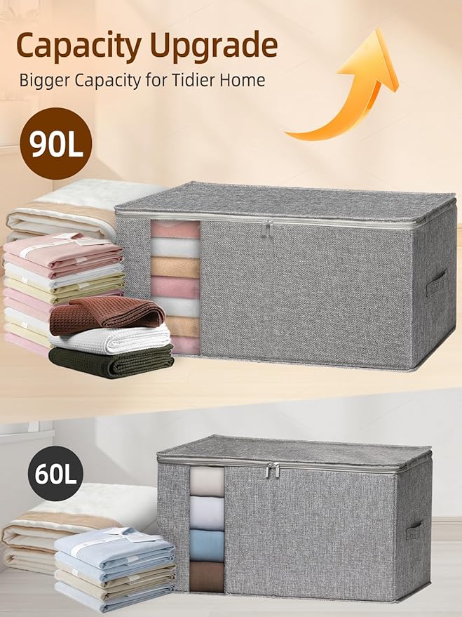 90L Rigid-Structured King Size Comforter Storage Bag, 2 Pack, Gray | Rigid Sides & Bottom, Stackable & Foldable Design, for King Quilts, Bedding, Pillows and Clothes, Closet & Dorm Organization
