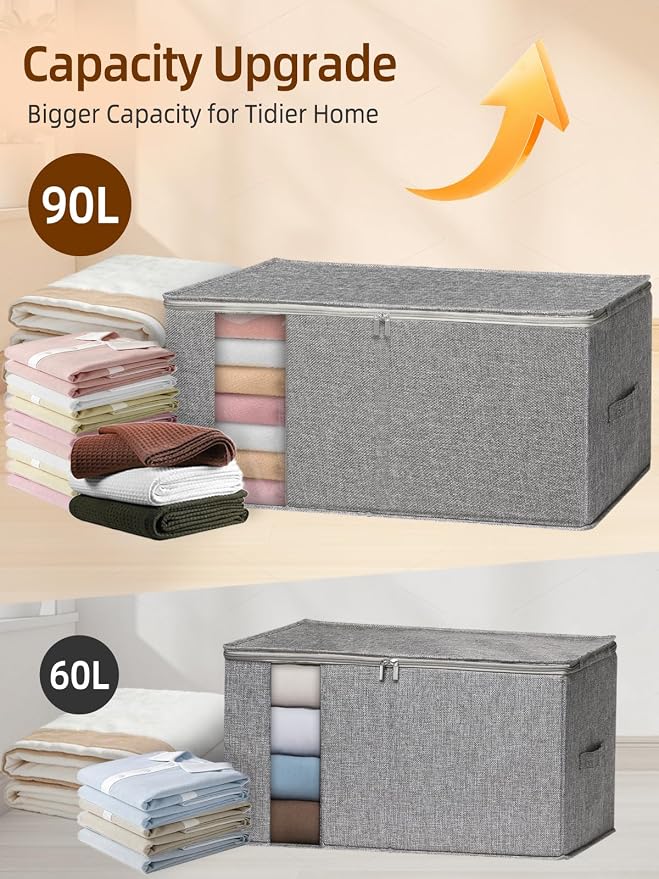 90L Rigid-Structured King Size Comforter Storage Bags, 4Pack, Gray | Rigid Sides & Bottom, Stackable & Foldable Design, for King Quilts, Bedding, Pillows and Clothes, Closet & Dorm Organization