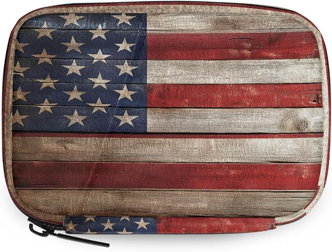Weekly Pill Organizer Travel Size Bag with Removable 7 Day Pill Box Portable Vitamin Case Purse with Zipper,Wooden American Flag Pattern