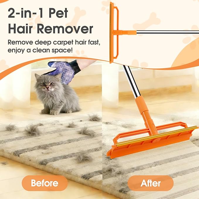 Carpet Rake for Pet Hair Removal, Durable Silicone & Metal Scraper Dog & Cat Pet Hair Remover, Adjustable Long Handle 59'' Pet Hair Carpet Rake for Rugs, Mats, Couch, Furniture
