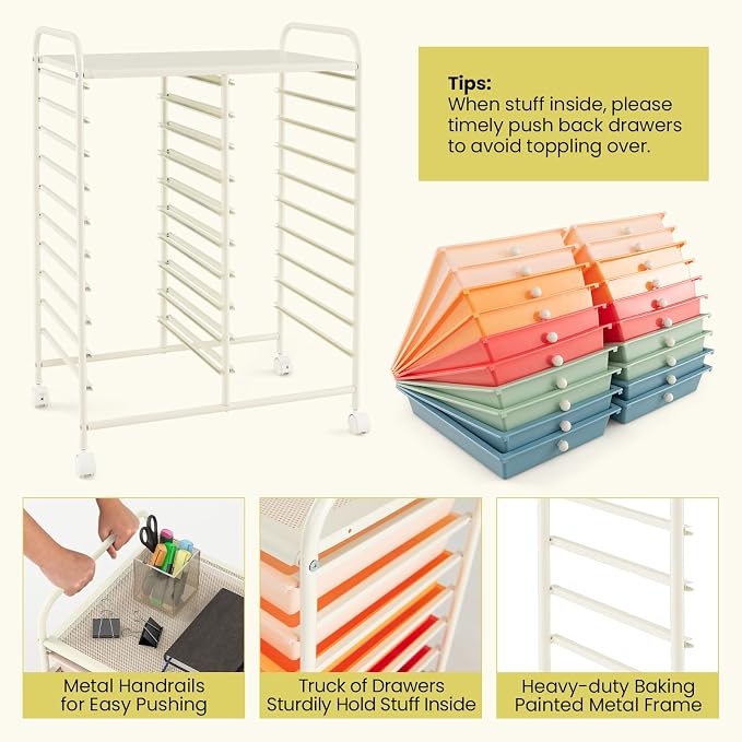 20 Drawer Rolling Storage Cart, Art Cart Organizer with Wheels for Makeup, Tool, Paper, Multipurpose Craft Storage Cart with Drawers for Office, Home, Classroom, School (Macaron Color)