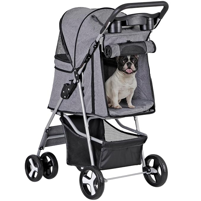 4 Wheels Dog Stroller Folding Pet Strolling Cart for Small Medium Cats Puppies Portable Jogger Travel Camping Puppy Carrier with Storage Basket Cup Holder, Gray