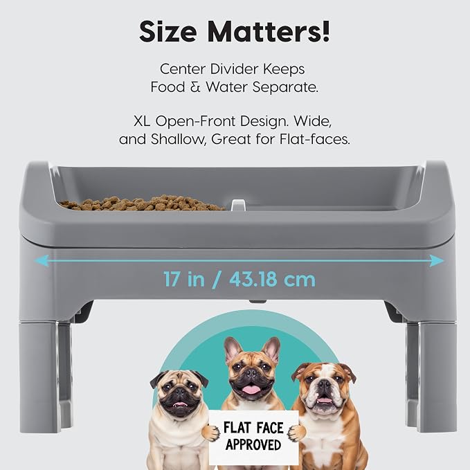 IRIS USA Elevated Pet Feeding Station, Adjustable, Double Bowls, Gray | Made in USA, Feeding Trough, Removable Double Food and Water Bowls, Easy Clean Design, Indoor Pet Feeding System