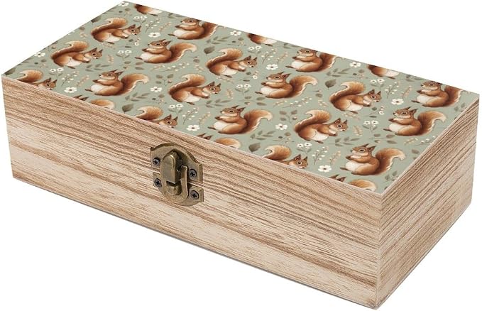 Wooden Keepsake Storage Box Memory Boxes with Hinged Lid, Squirrel Floral | Small Jewelry Craft Organizer Case, Decorative Wood Gift Box, Wedding Party Holiday Supplies, 9.2x5.5x3.9 Inch