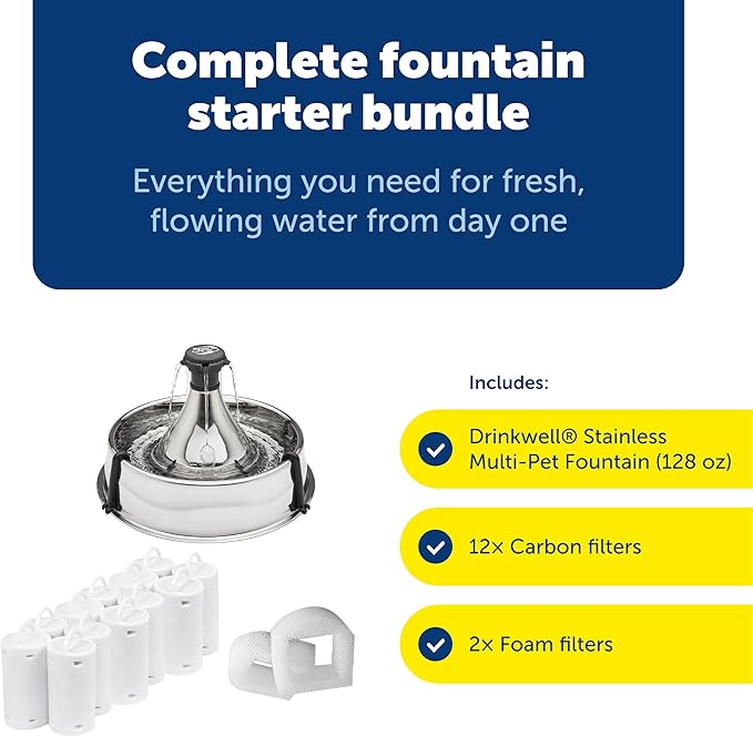 PetSafe Stainless Multi-Pet Fountain with Extra Filters Great for Multiple Pet Households Customizable Stream Options Scratch and Rust Resistant 128 Oz Water Capacity Fresh, Filtered Water