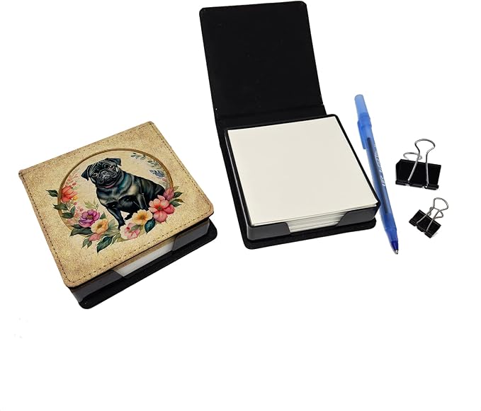 Caroline's Treasures Black Pug and Flowers PU Leather Note Paper Holder with Artist-Designed Cover, Desk Accessory, Office Gift